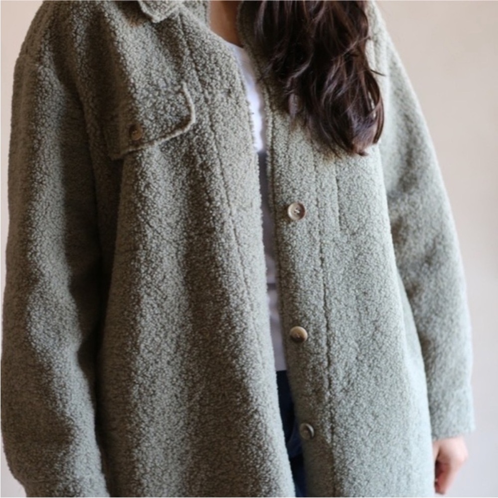 Joie | Sage Green Teddy Sherpa Oversized Shacket Shirt Jacket - Picture 6 of 6
